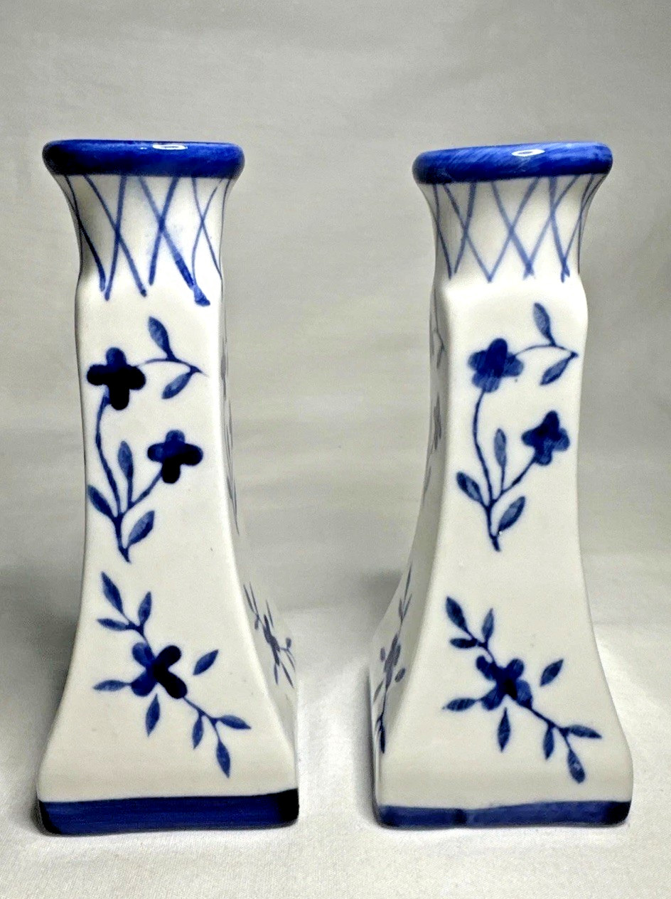Two Pillar Candlestick Holders 5" Cobalt Blue Delft Floral Porcelain Ceramic gallery