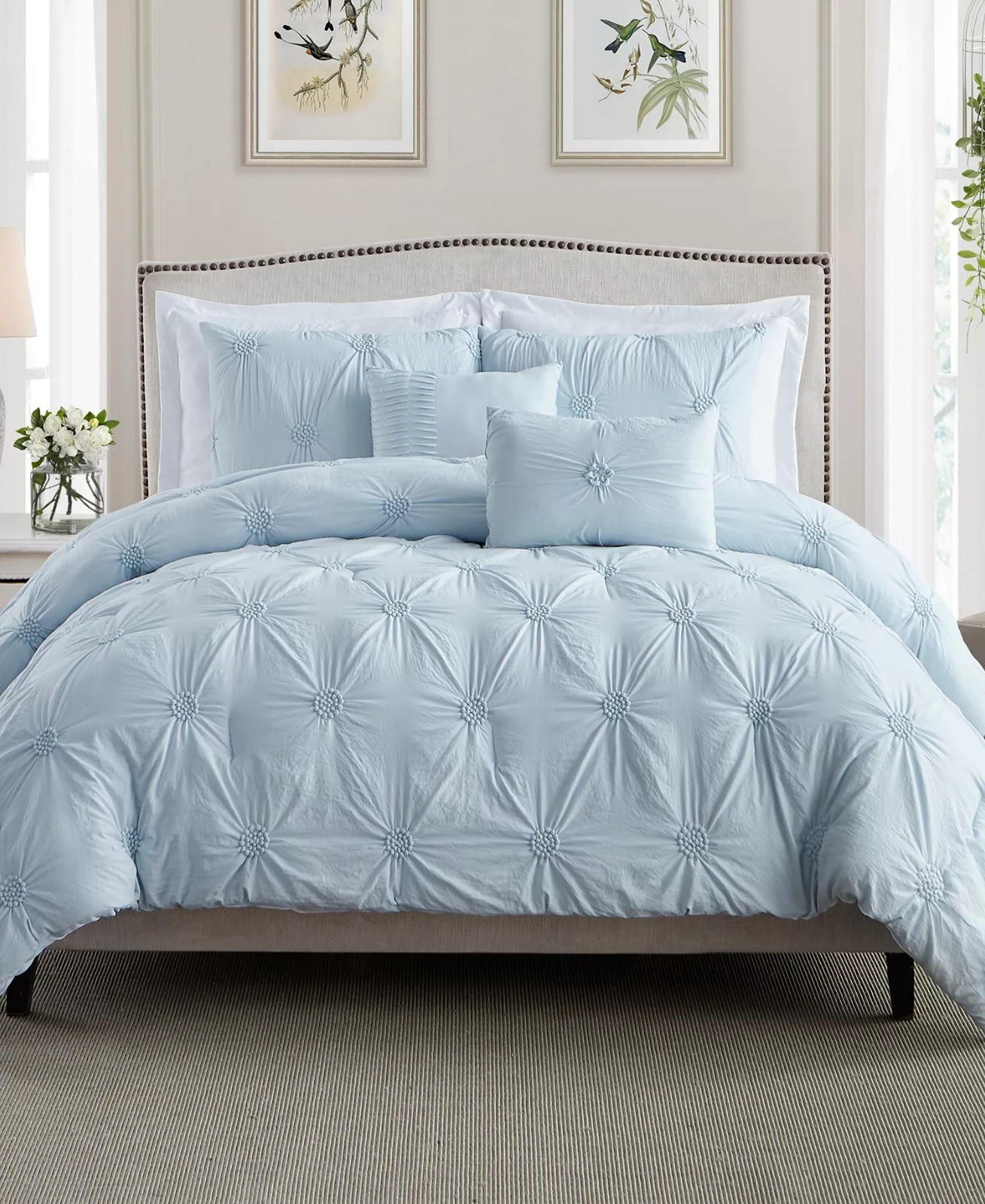 SWIFT HOME FULL/ QUEEN FLORAL PINTUCK BABY BLUE COMFORTER SET gallery