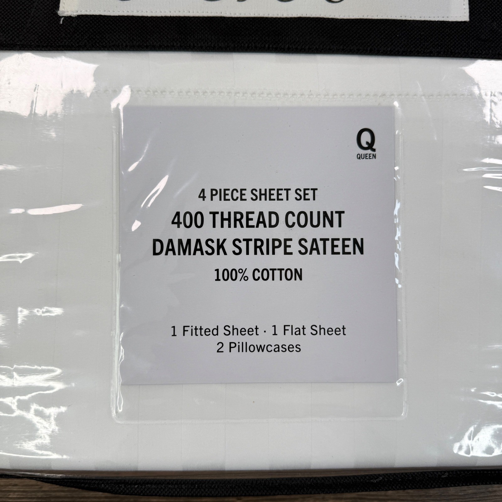 Saks Fifth Avenue Queen 4 PC Sheet Set White Damask Stripe Sateen 400TC NEW gallery