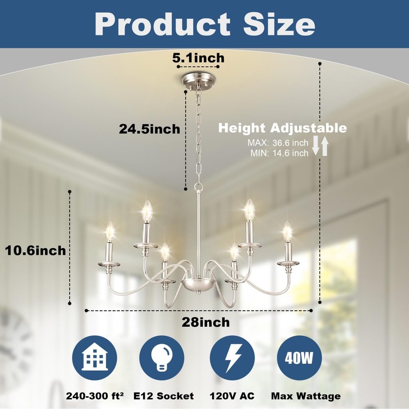 Modern 6-Light Chandelier - Brushed Nickel Farmhouse Pendant Light Fixture for D gallery