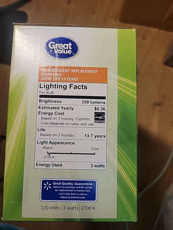 3 pack Great Value 40 watt equivalent, 3 watts used, soft white, glass LED G25 gallery