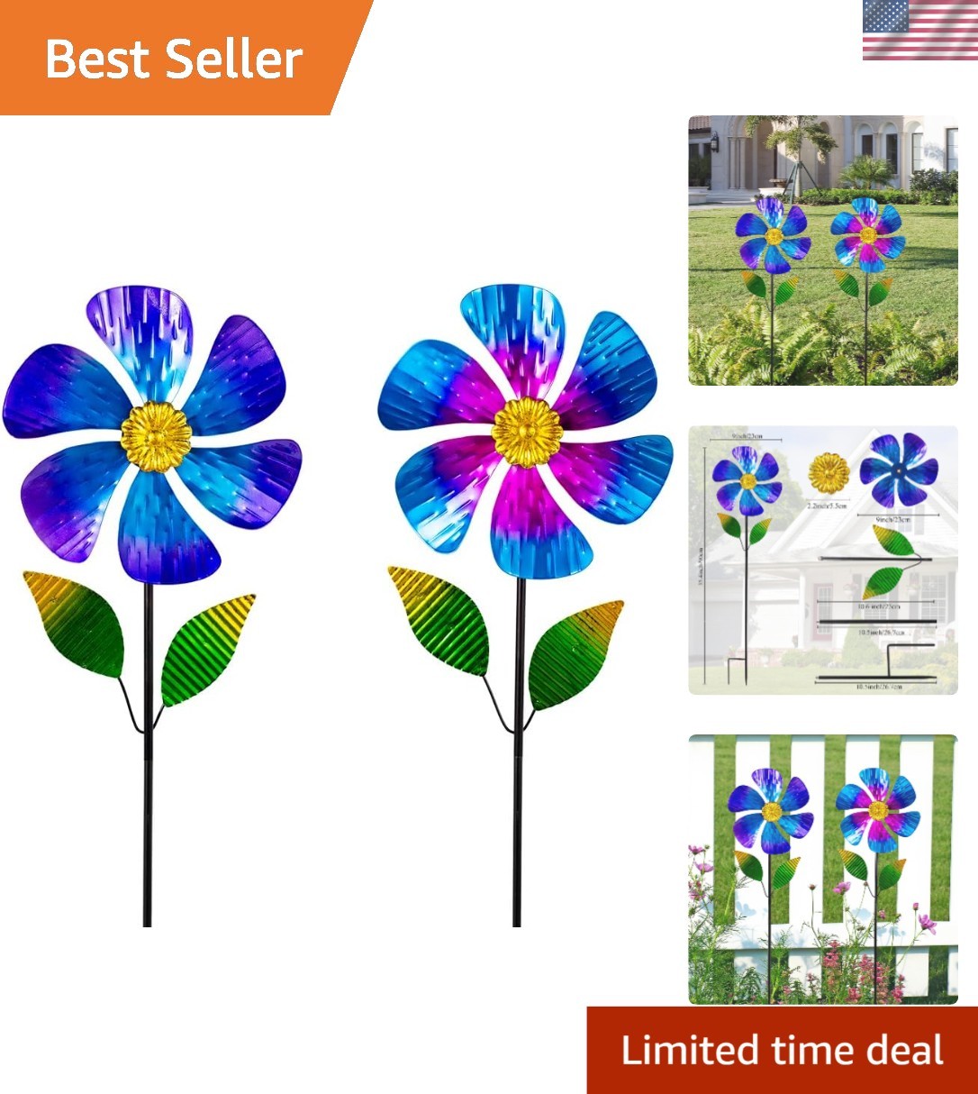 Easy to Assemble 2 Pack Floral Wind Spinners - 35.4" Metal Art for Outdoors gallery