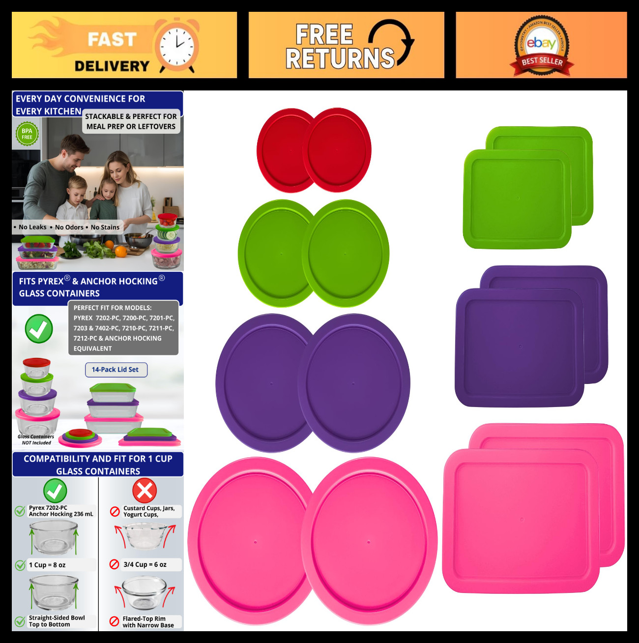 14 Pack Round Plastic Food Storage Lids for 1-11 Cup Bowls - Pink Replacement Co gallery