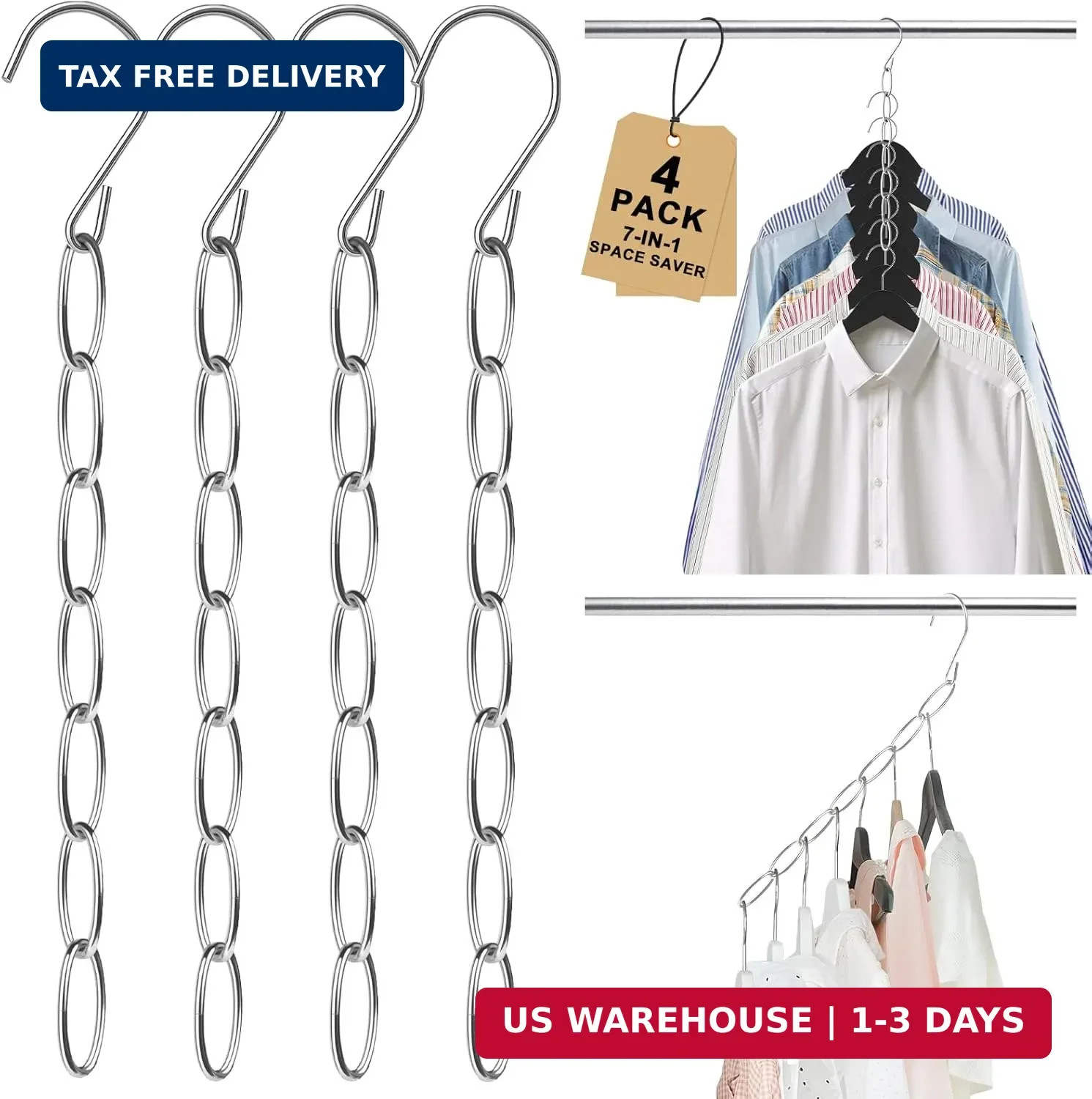 Space Saving Hangers, 4 Pack Metal Clothing Chain Hangers with 7 Holes, Closet O gallery