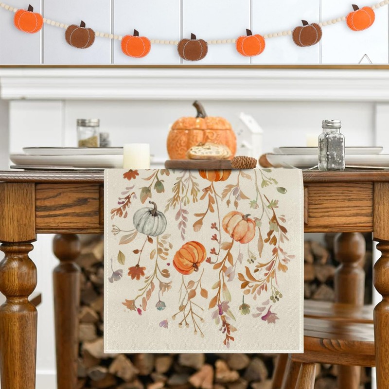 Orange Pumpkins Floral Fall Table Runner Autumn Thanksgiving Decor 13x48 Inch gallery