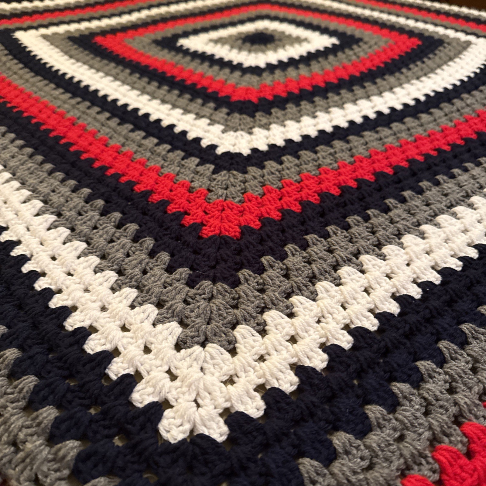 Handmade Crocheted Afghan Red Black White Gray 60” x 60” Throw Blanket gallery
