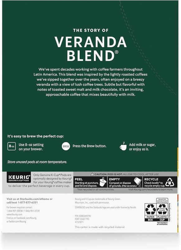 Starbucks Veranda Blend Blonde Roast Coffee Keurig K-Cup Pods - 60 Count Box gallery