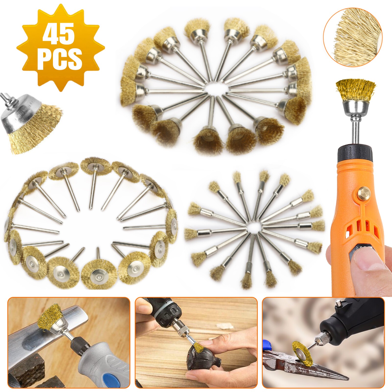 45Pcs 1/8" Wire Wheel Cup Pen Brush Mix Set For Dremel Rotary Tool Die Grinder gallery
