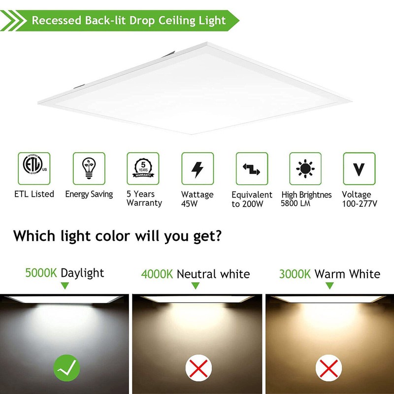 LED Flat Panel Light 2x2FT, 45Watt 5800LM Recessed Backlit Troffer Lights, 5000K gallery
