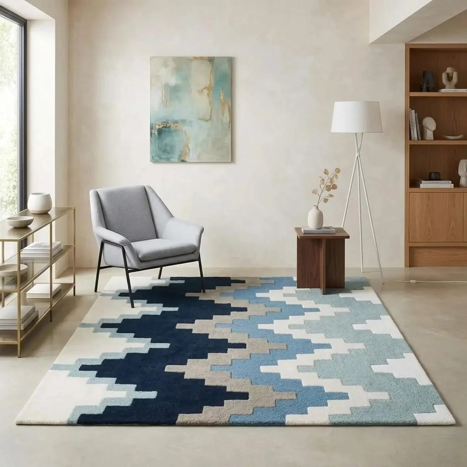 Hand Tufted Modern Geometric Tufted Wool Area Rug Gradient Chevron Block Pattern gallery