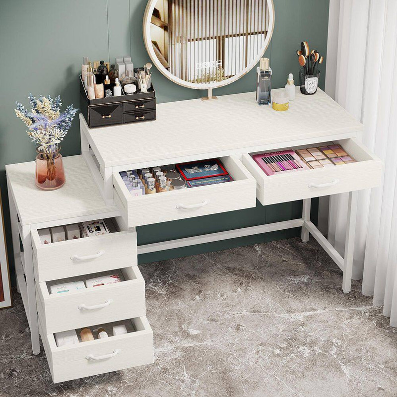 Moronia 51 In. Retangular White Computer Desk 5-Storage Drawers Home Office Stud gallery