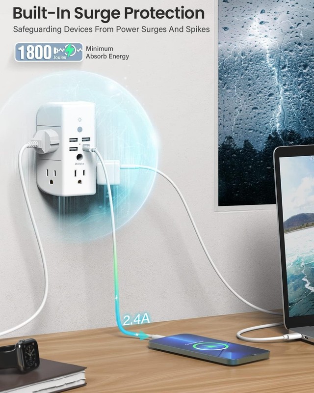 Wall Outlet Extender Surge Protector 9 in 1 USB C Shelf Night Light Power Strip gallery