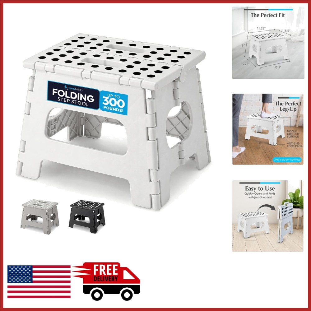 Sturdy Folding Step Stool White 8 Inch Height for Adults Kitchen Bathroom