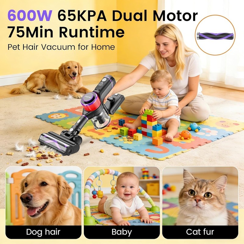 Cordless Vacuum Cleaner,75Min Runtime,600W 65KPA Dual Motor Pet Hair Vacuum gallery
