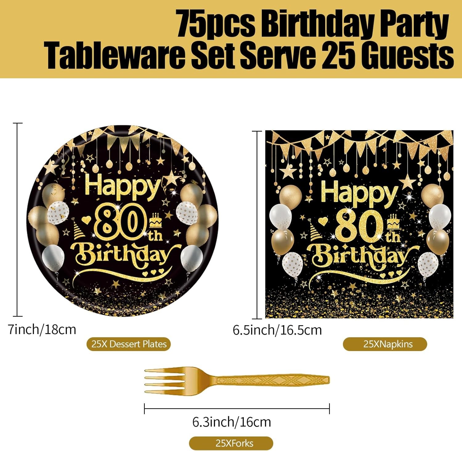75pcs 80th Birthday Party Tableware Set, Black Gold Adult Happy 7IN, 80 gallery