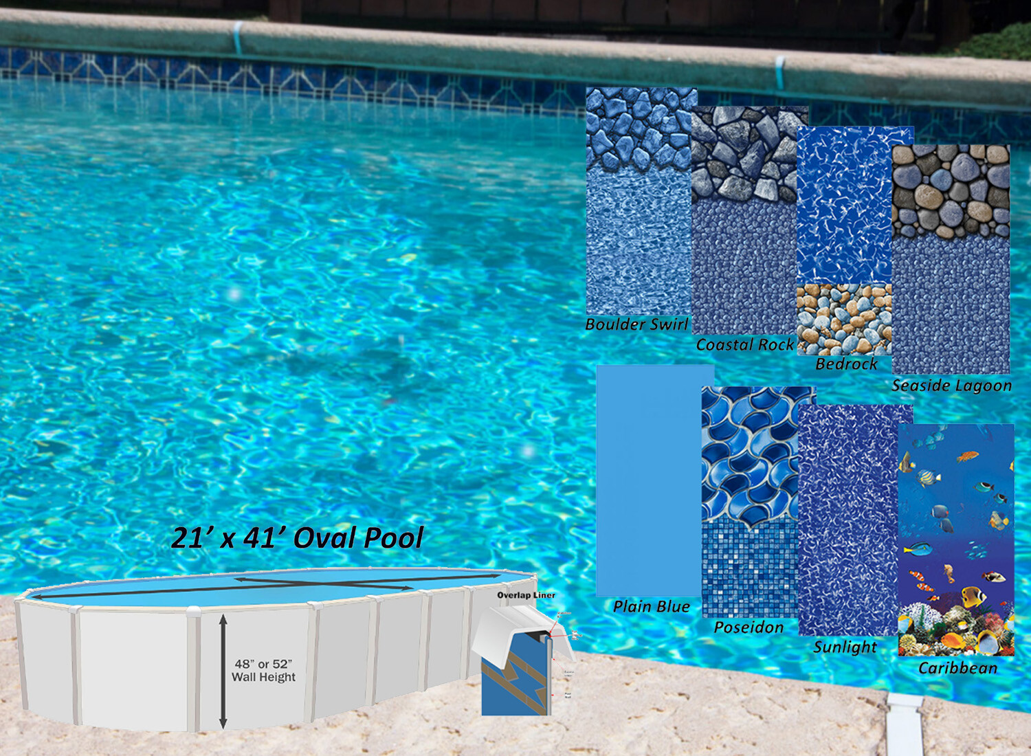21' x 41' Oval Overlap Above Ground Swimming Pool Liners - 48" / 52" Wall Height gallery