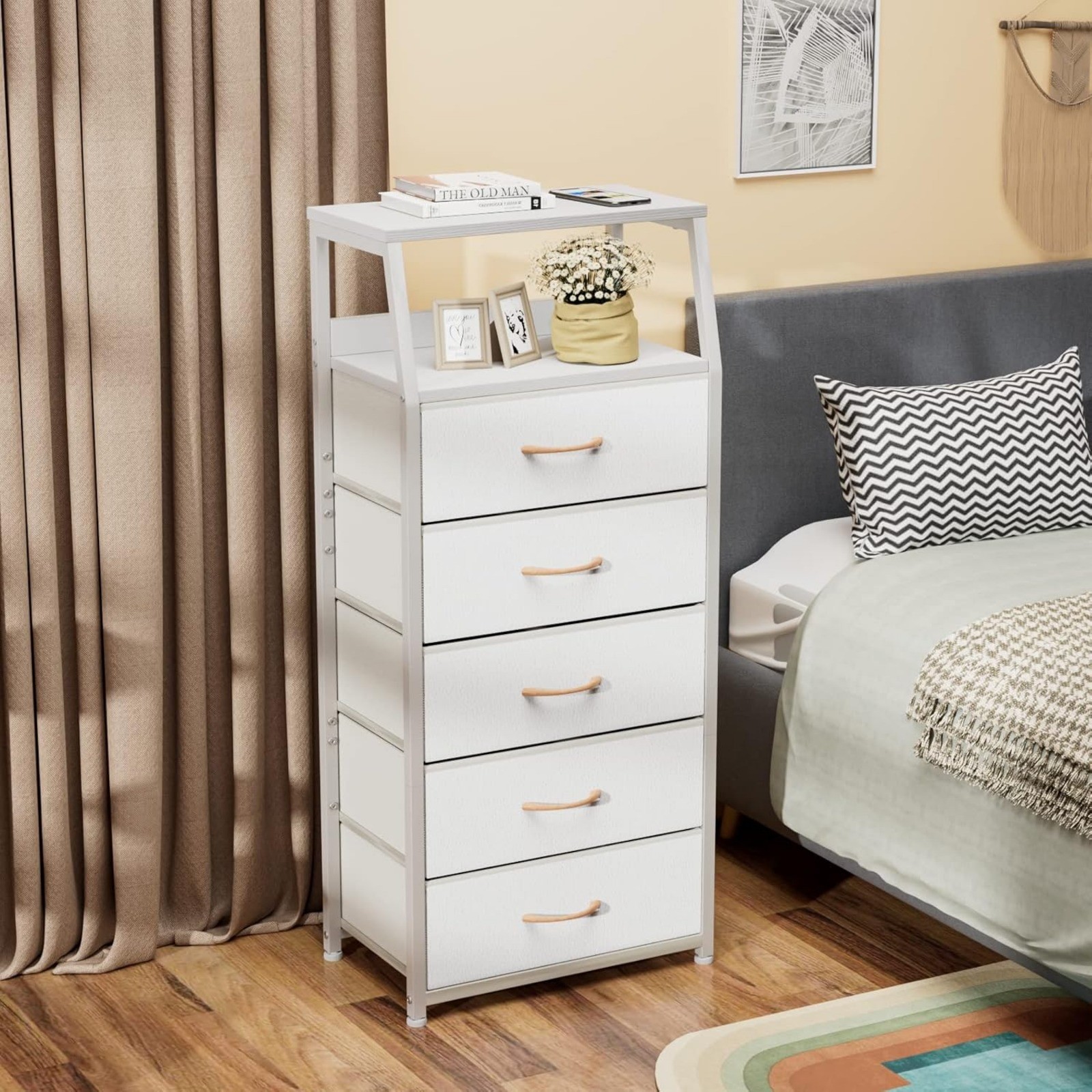 4 Drawers Dresser Vertical Storage Tower Nightstand Bedside Table Wood Top gallery