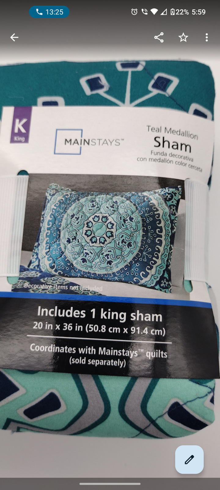 Mainstays Teal Medallion 1 King Pillow Sham 20 in x 36 in gallery