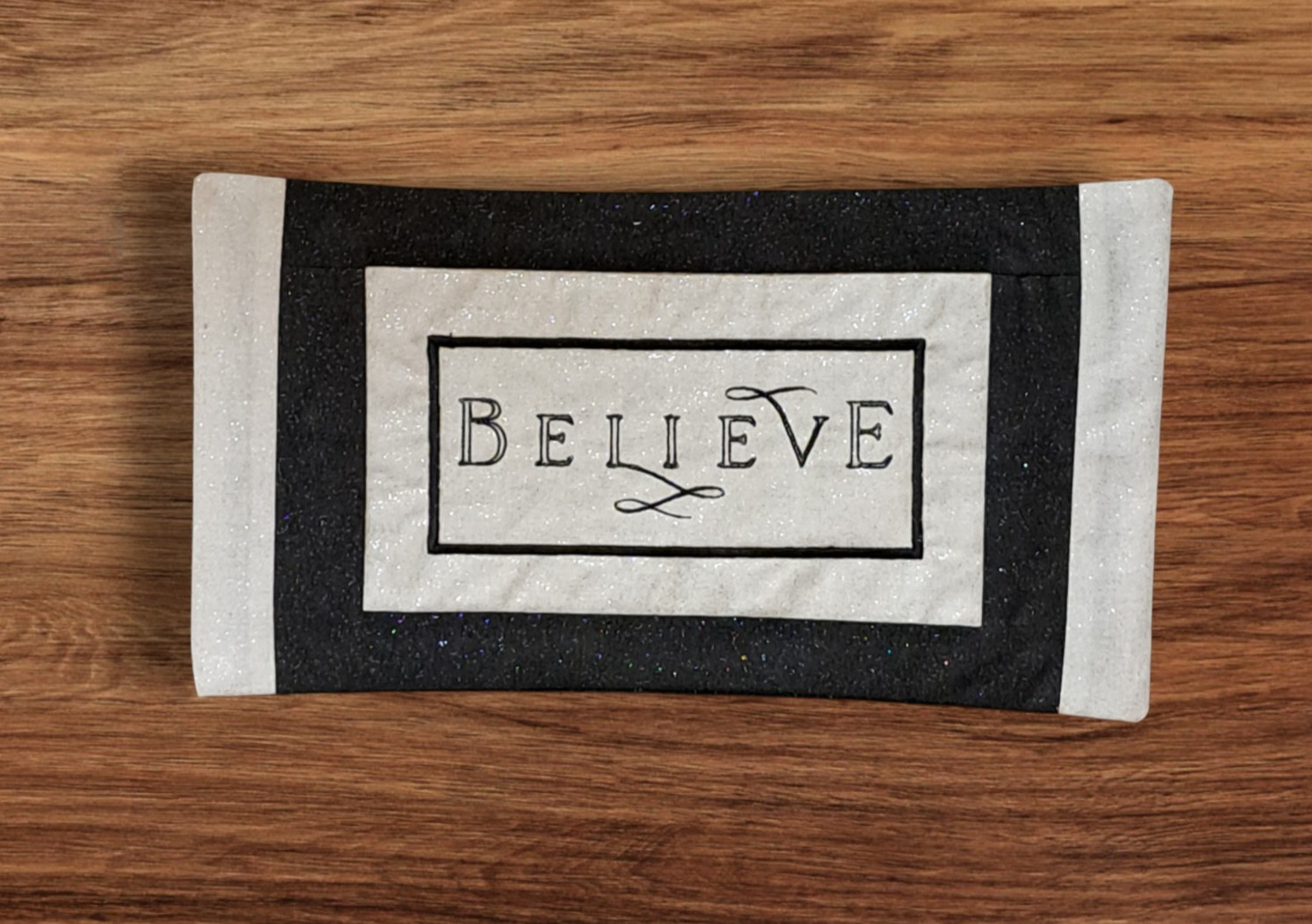 Table Runner, Believe, Embroidered, Black / Cream, Decor, Size 7in X 13in gallery