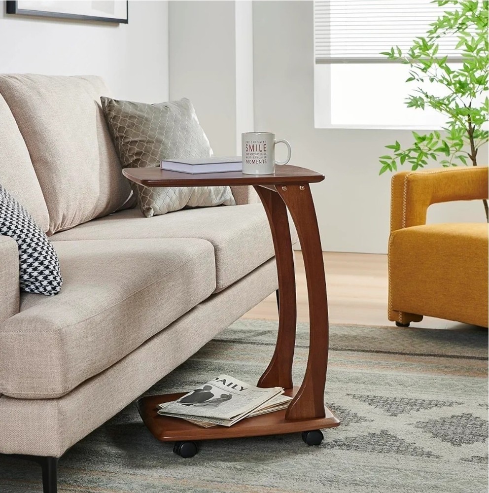 Emerson Solid Wood End Table with Rolling Wheels, C Shaped Side Table, TV...