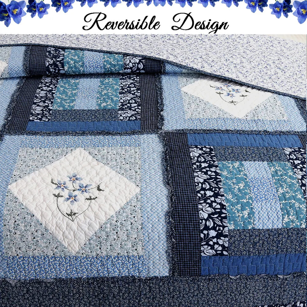 REAL PATCHWORK SHABBY CHIC COZY COTTAGE BLUE NAVY TEAL WHITE RUFFLE QUILT SET