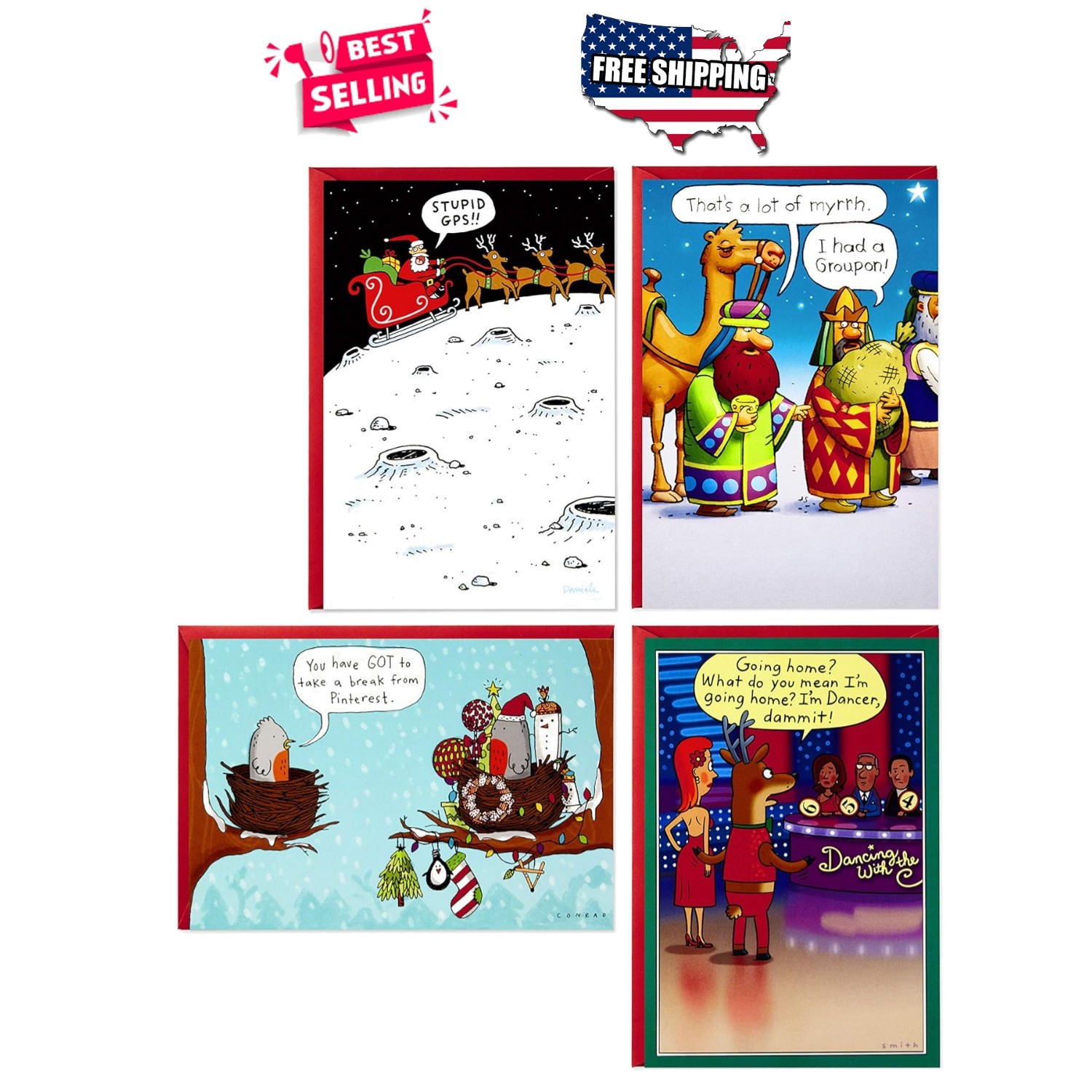 Funny Christmas Cards Assortment Boxed Set 24 Holiday Cartoon Designs with En... gallery