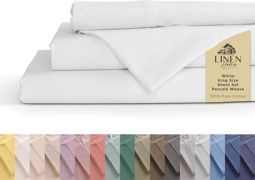 100% Cotton Percale Sheets King Size, White, Deep Pocket, 4 Pieces Set