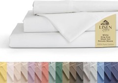 100% Cotton Percale Sheets King Size, White, Deep Pocket, 4 Pieces Set
