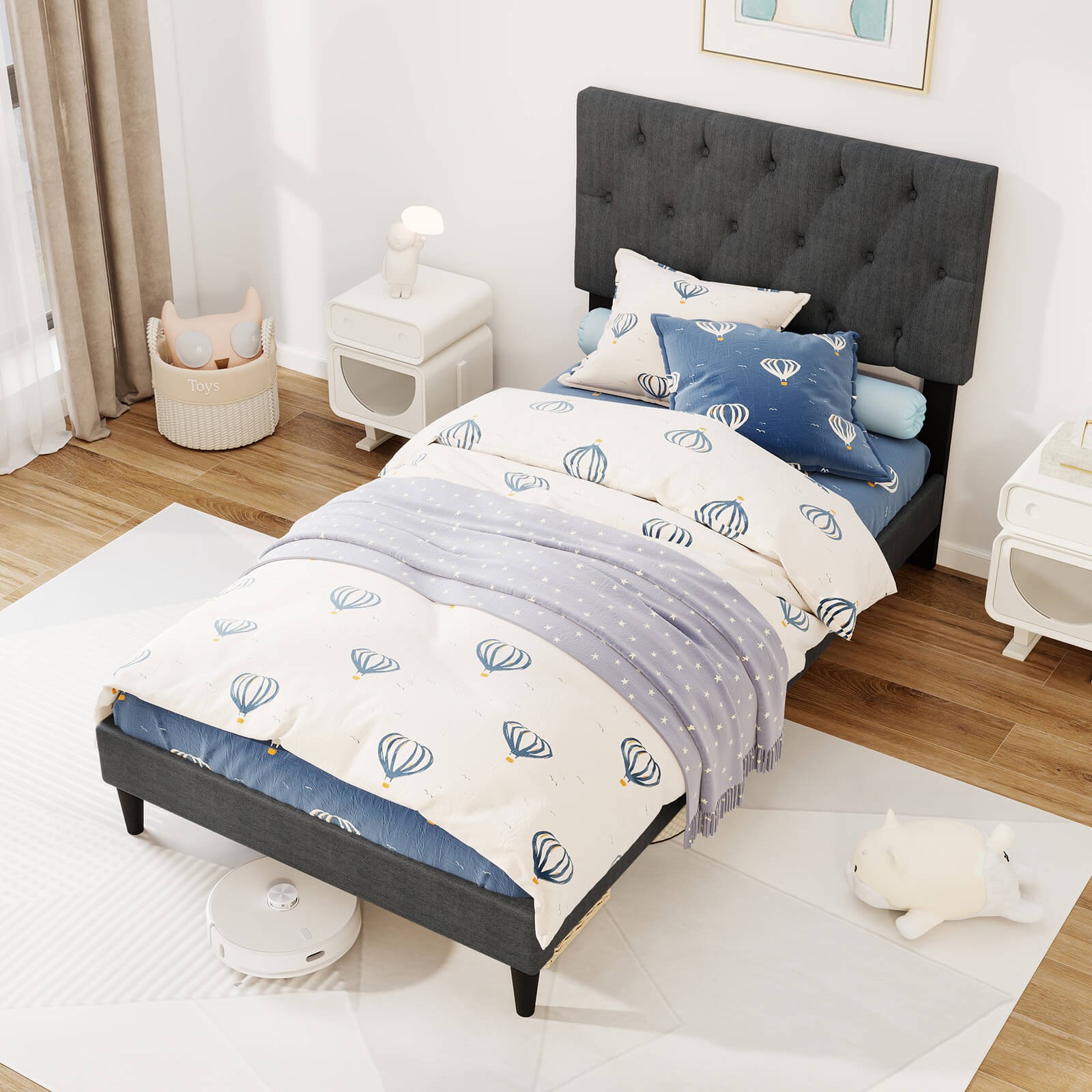 Twin Size Bed Frame w/ Button-Tu'ed Headboard & Wooden Slats Easy Assembly gallery
