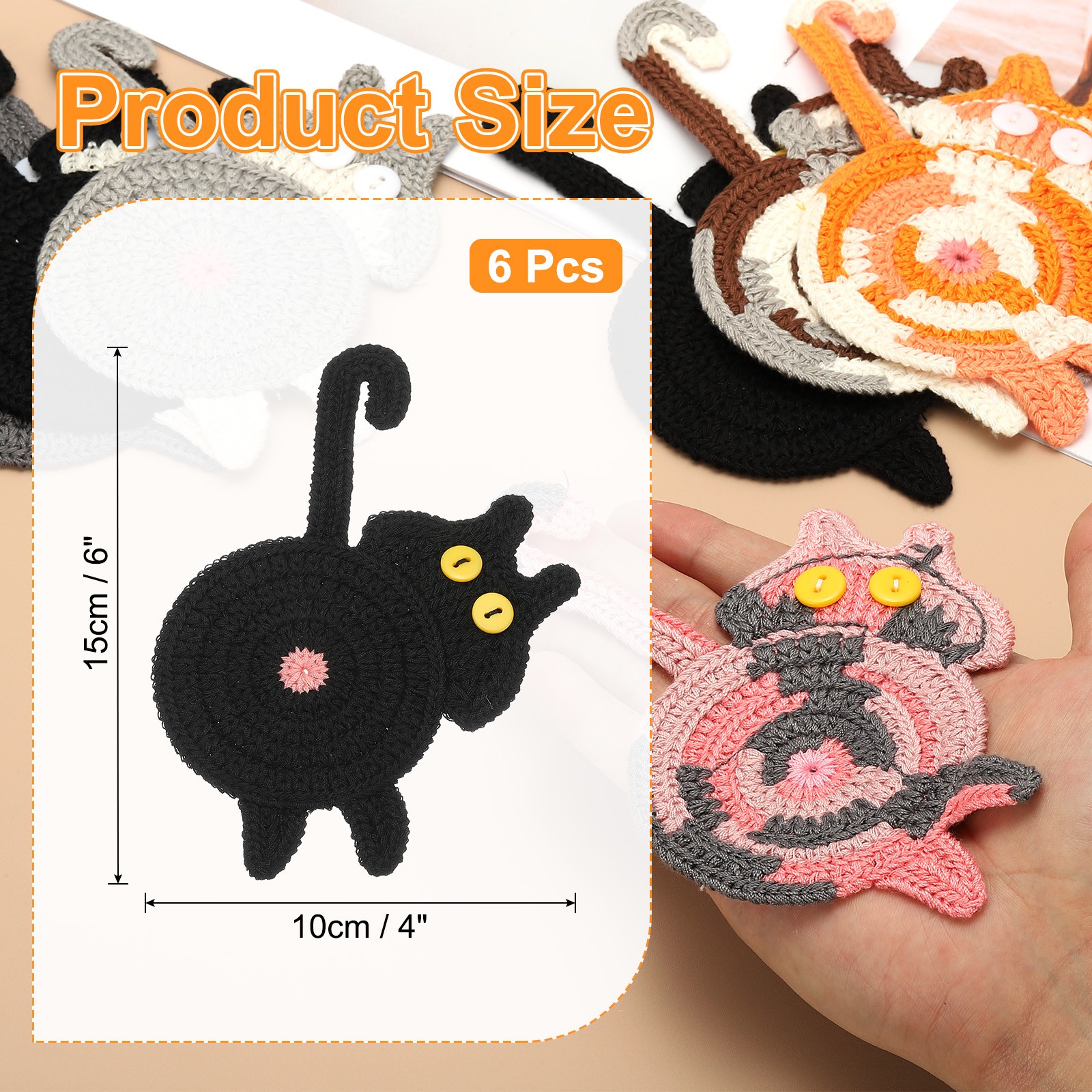 6PCS Cat Coasters, 15CM Cute Coasters Cat Butt Crochet, Black gallery