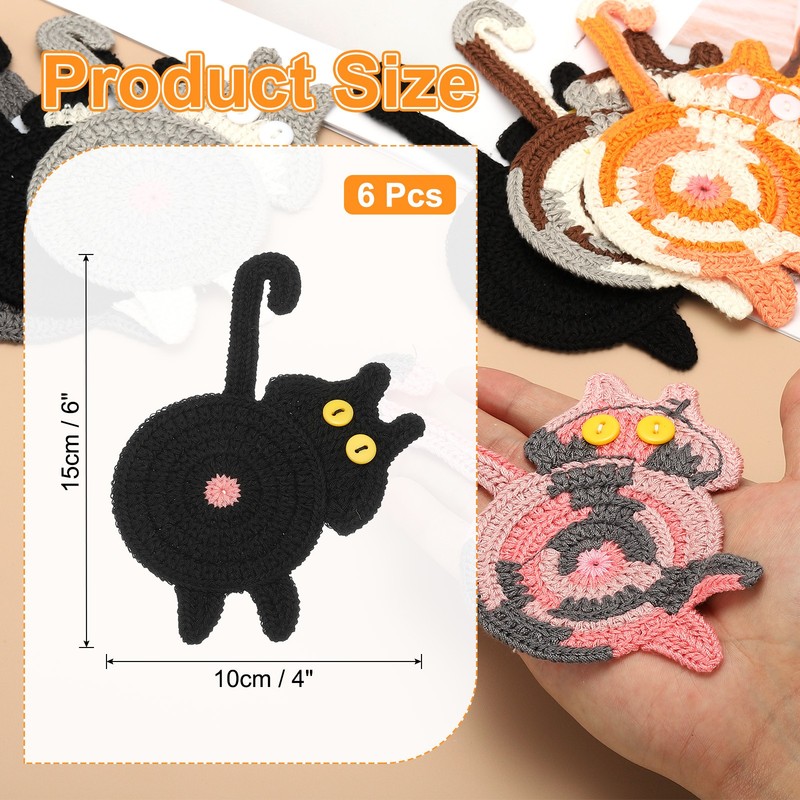 6PCS Cat Coasters, 15CM Cute Coasters Cat Butt Crochet, Black gallery