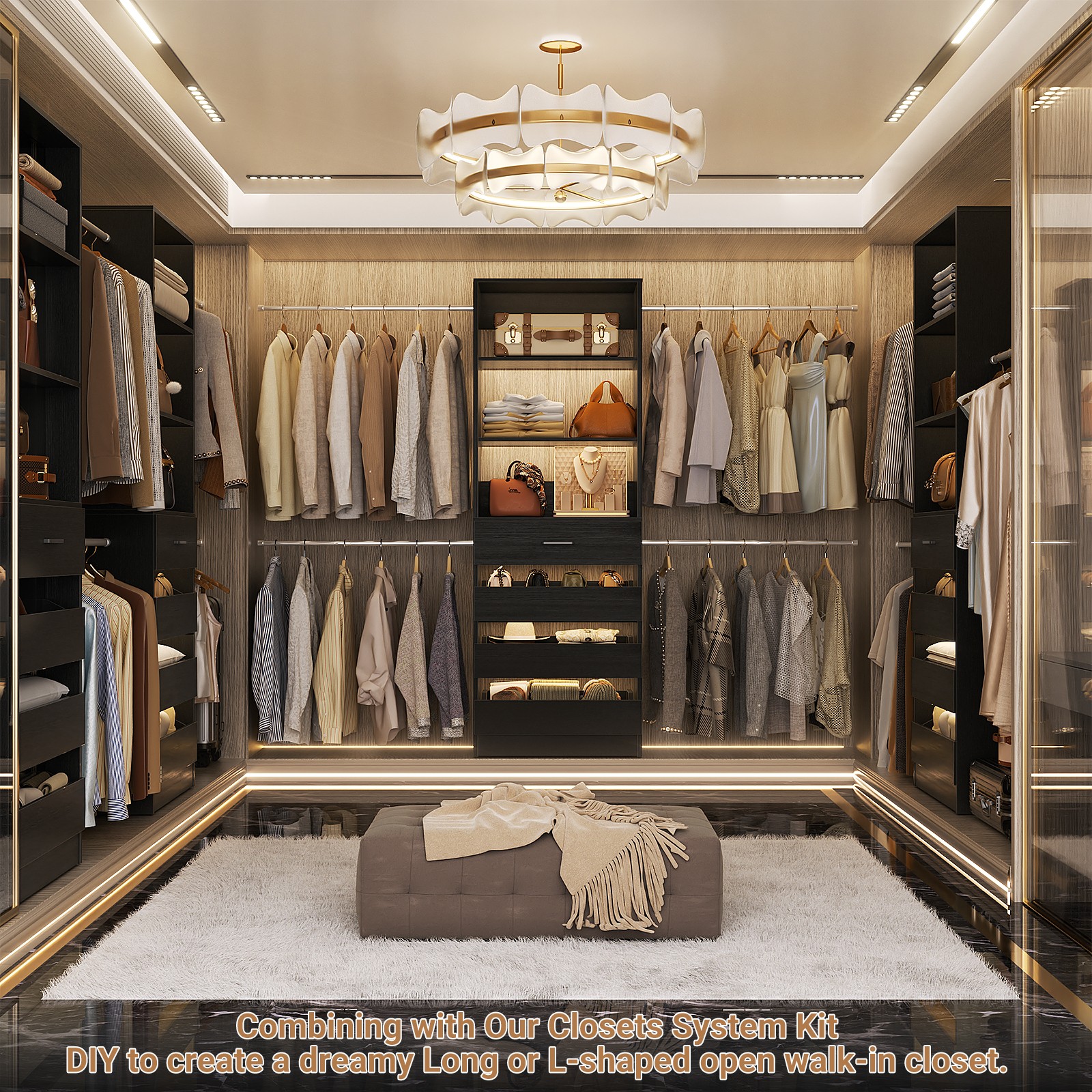 4-9Ft Walk-in Closet System Organizer with 4 Wooden Drawers & Rods for Wardrobes gallery