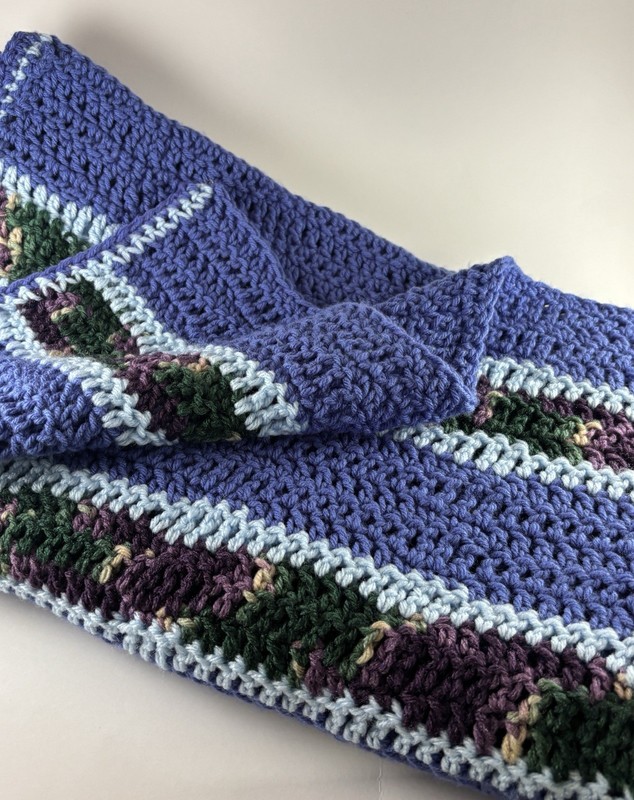 Handmade Crocheted Afghan Throw Lap Blanket Purple & Multi Stripe 48” x 41” NEW gallery