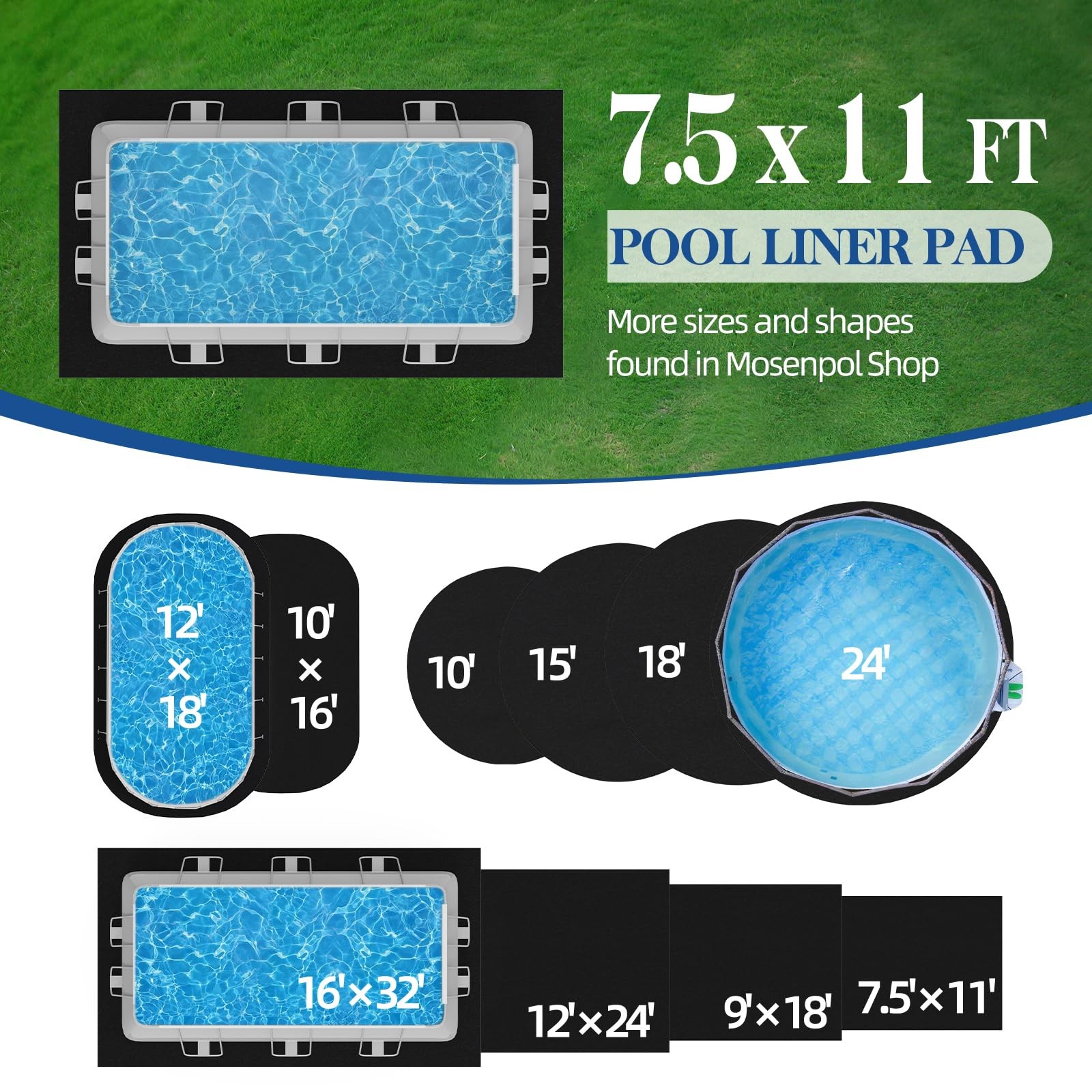 7.5' × 11' Rectangle Pool Liner Pad for Above Ground Pools, Durable Under gallery