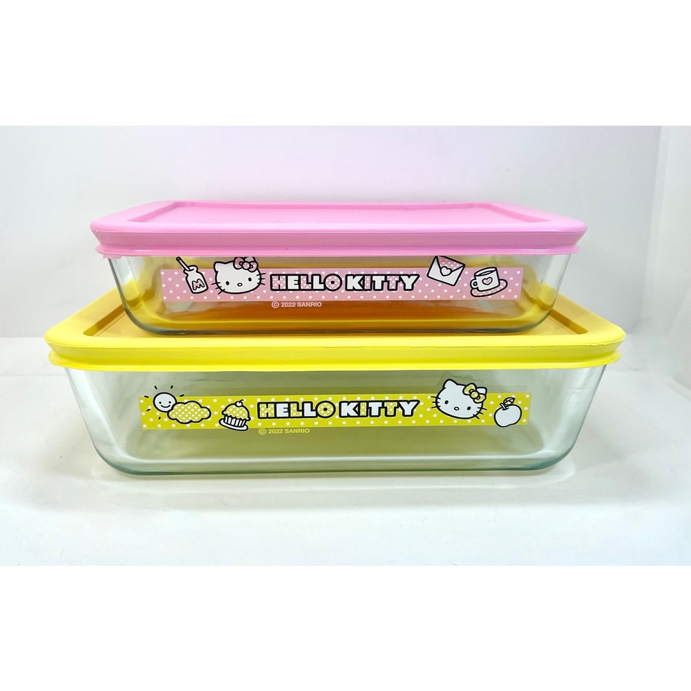 Pyrex Hello Kitty Rectangular Glass Storage 7210 7211 w/ Lids SET