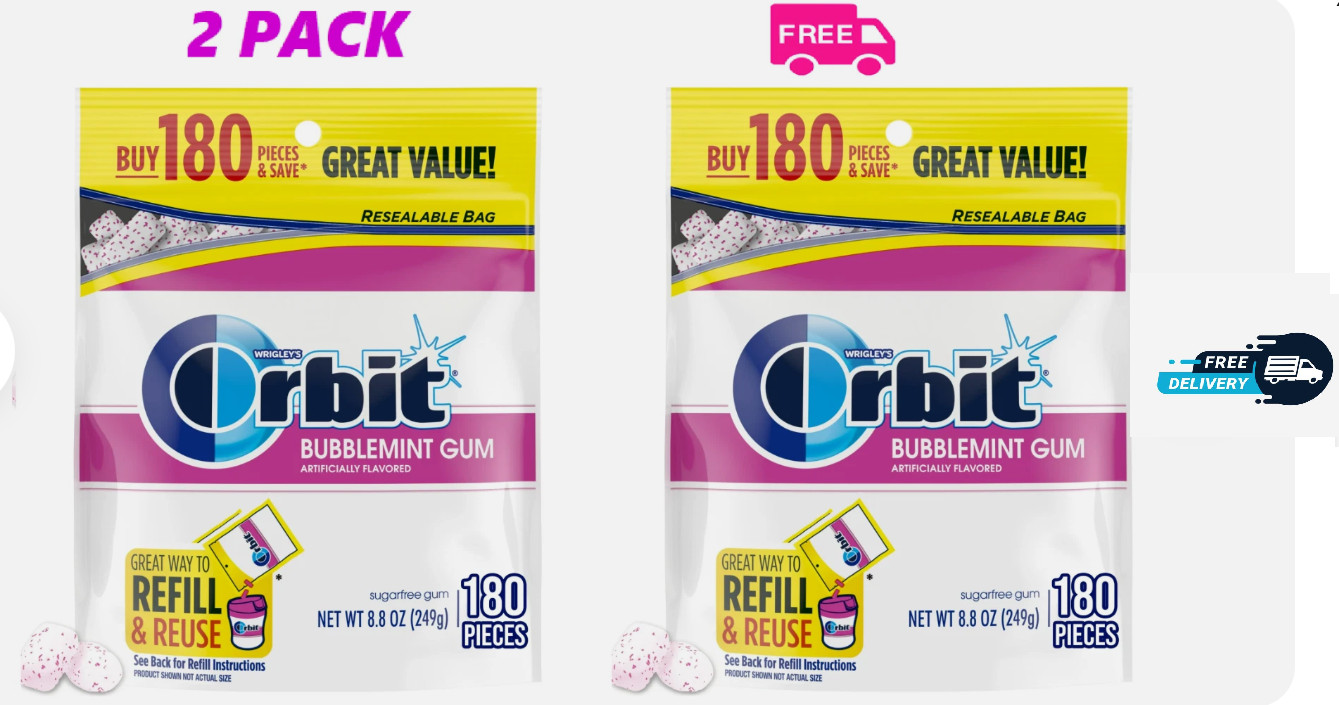 2 pack Orbit Bubblemint Sugar Free Chewing Gum, Value Pack - 180 Ct each bag gallery