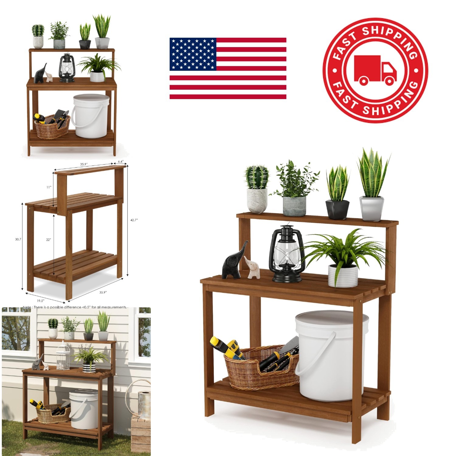 Durable Hardwood Potting Bench 42 Inch Tall with Teak Oil Finish for Outdoor Use gallery