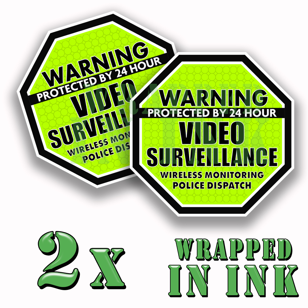 Warning 24 hour Video Surveillance Security Stickers GREEN OCT. Decal 2 PACK 5" gallery