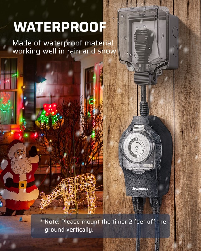 Mechanical Timer Switch for Outdoor Lights, Plug in, 15A Heavy Duty, 2 Outlets gallery