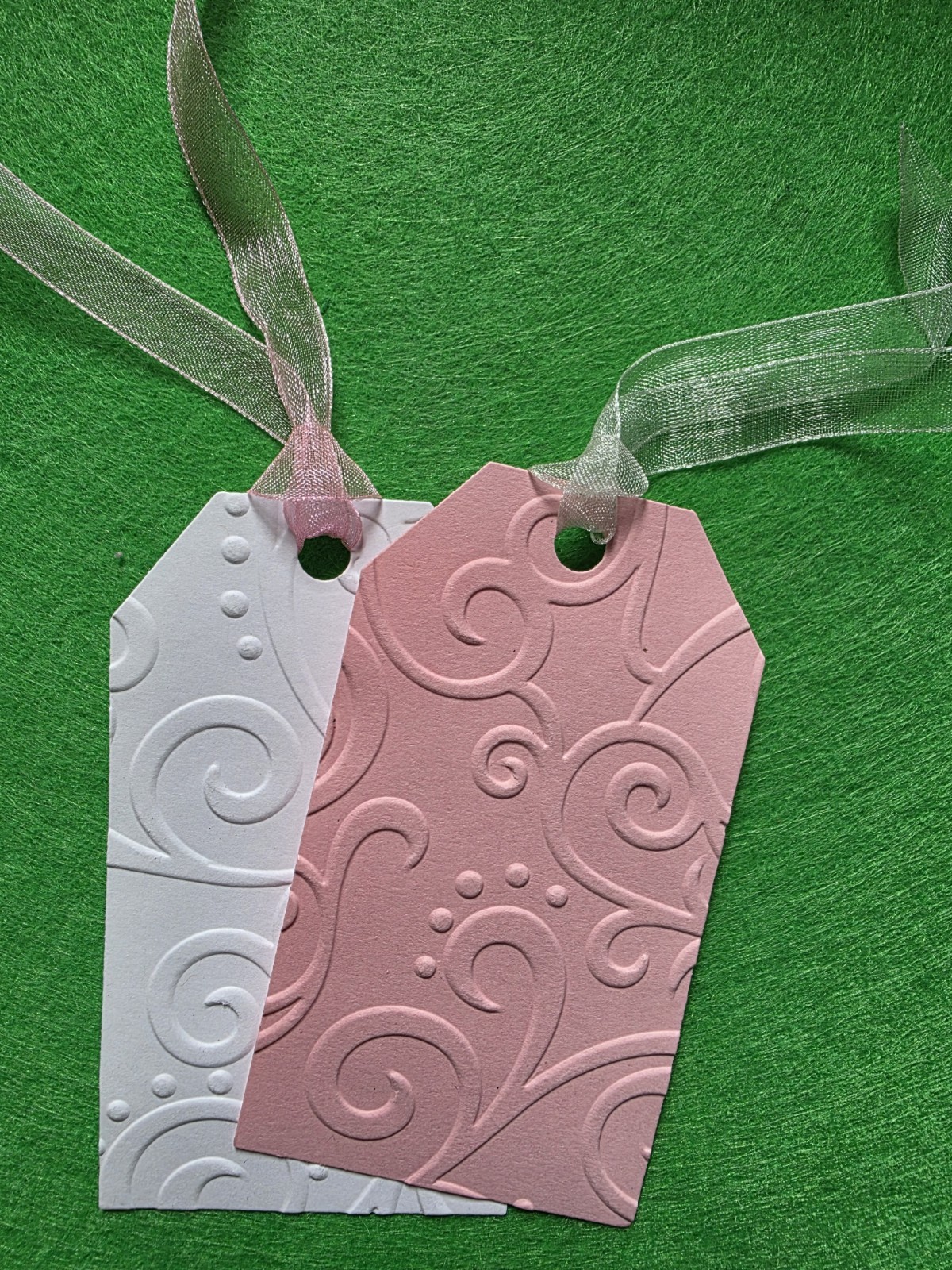 6 Pink & White Embossed Gift Tags with ribbons cardstock gallery