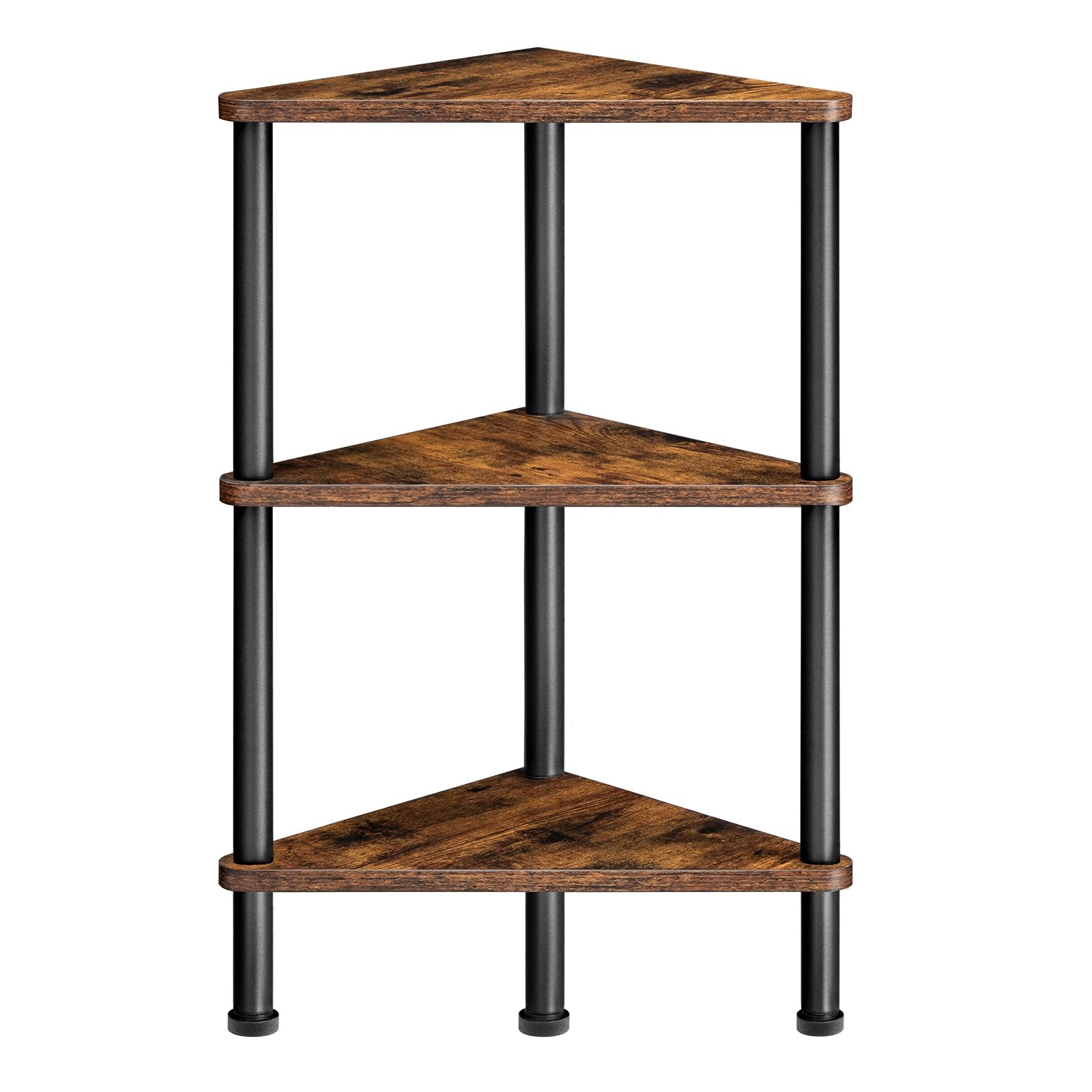 3-Tier Industrial Corner Shelf Stand, Rustic Brown, Black, Metal Frame, BF30CJ01 gallery