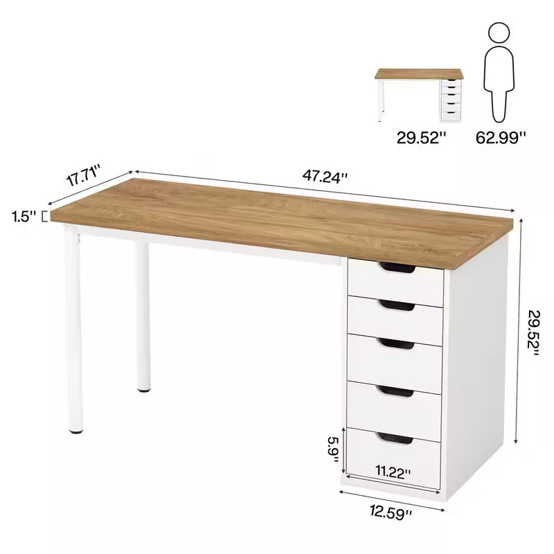Havrvin 47 In. Rectangular Light Brown and White 5-Drawer Computer Desk for Home gallery