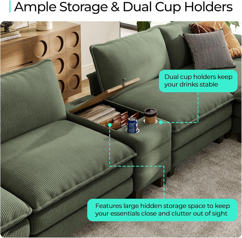 Comfy Green Modular Sectional Sofa with Storage, USB, and Cup Holders gallery