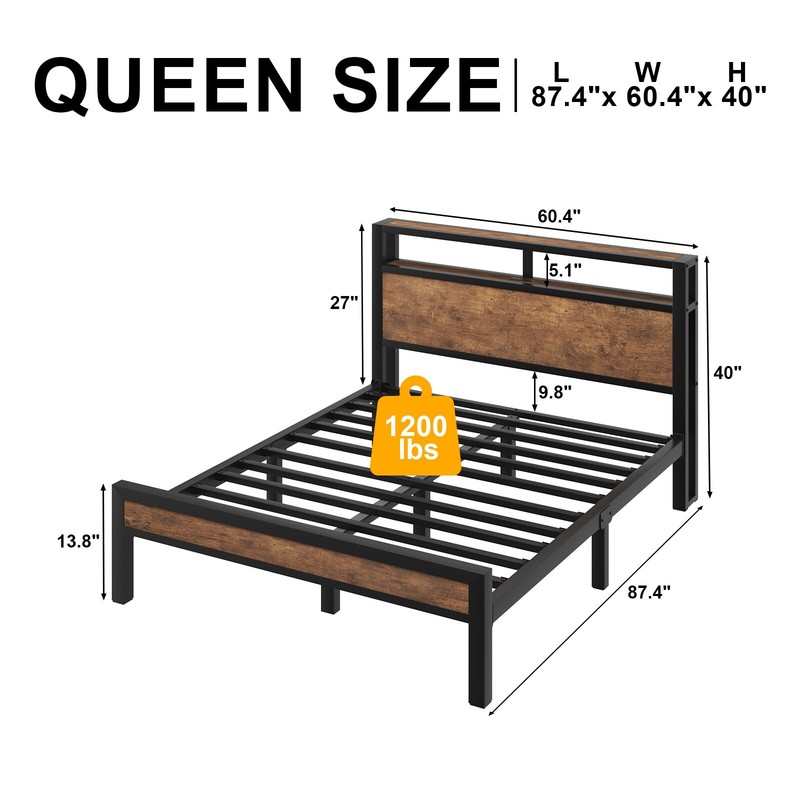 Bed Frame Full/Queen/King with Charging Station and 2-Tier Storage Headboard gallery