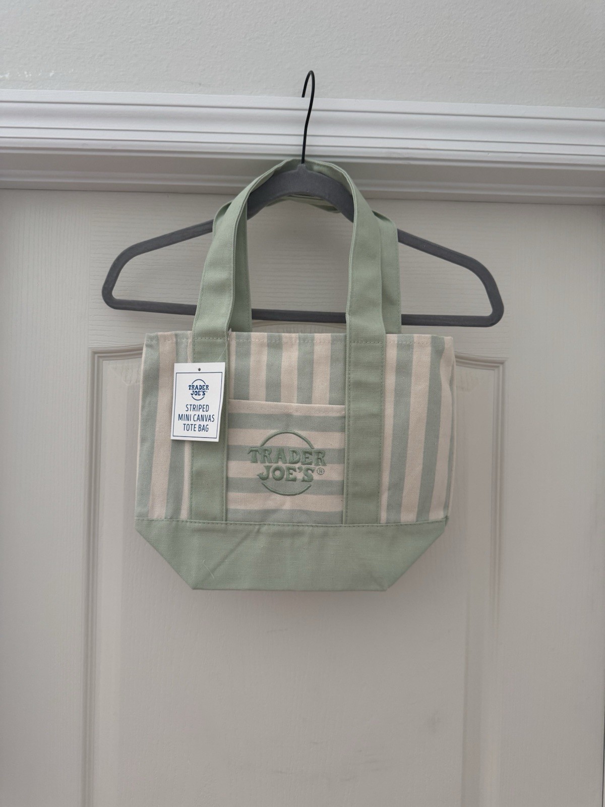 Trader Joe's Striped Mini Canvas Tote Bag, Reusable, Patel Green/White gallery