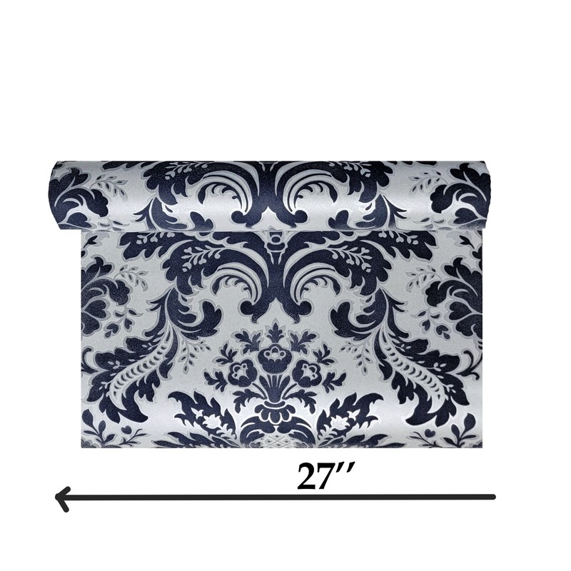Wallpaper flocking navy blue silver gray metallic Flocked damask velvet flock 3D gallery