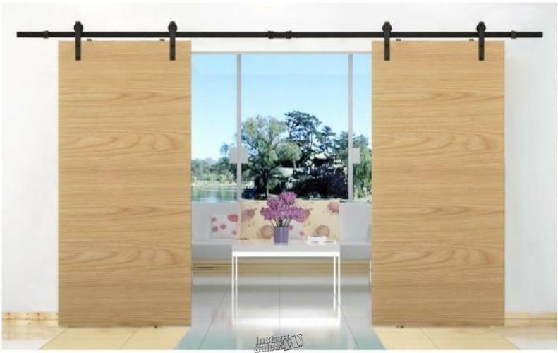 144 in. Matte Black Classic Straight Strap Sliding Barn Door Hardware (2-Set) gallery