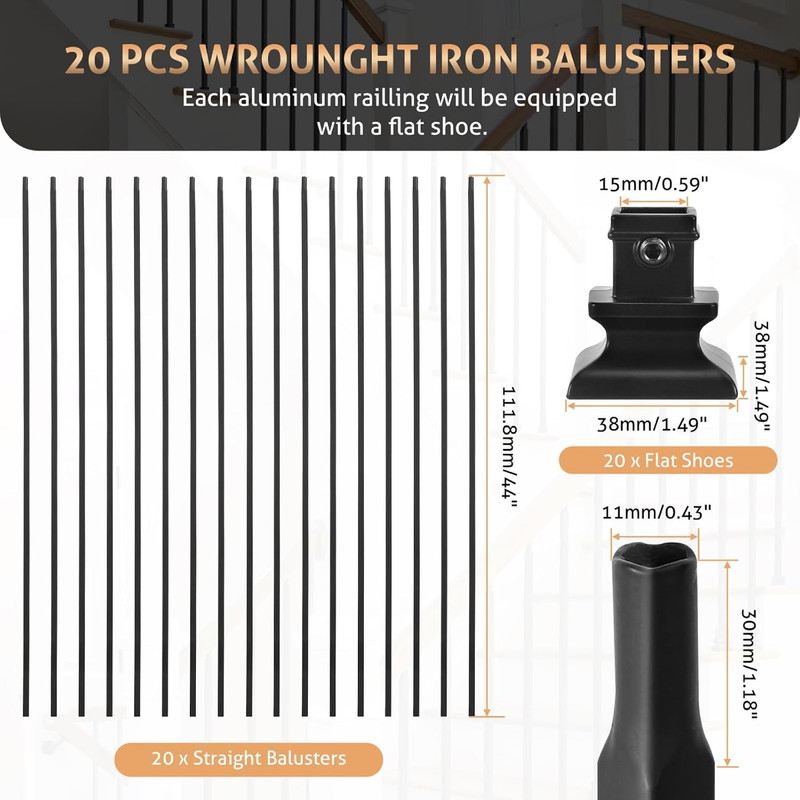 20 Pack Balusters for Staircase Interior, 44" X1/2" Stair Spindles Iron gallery