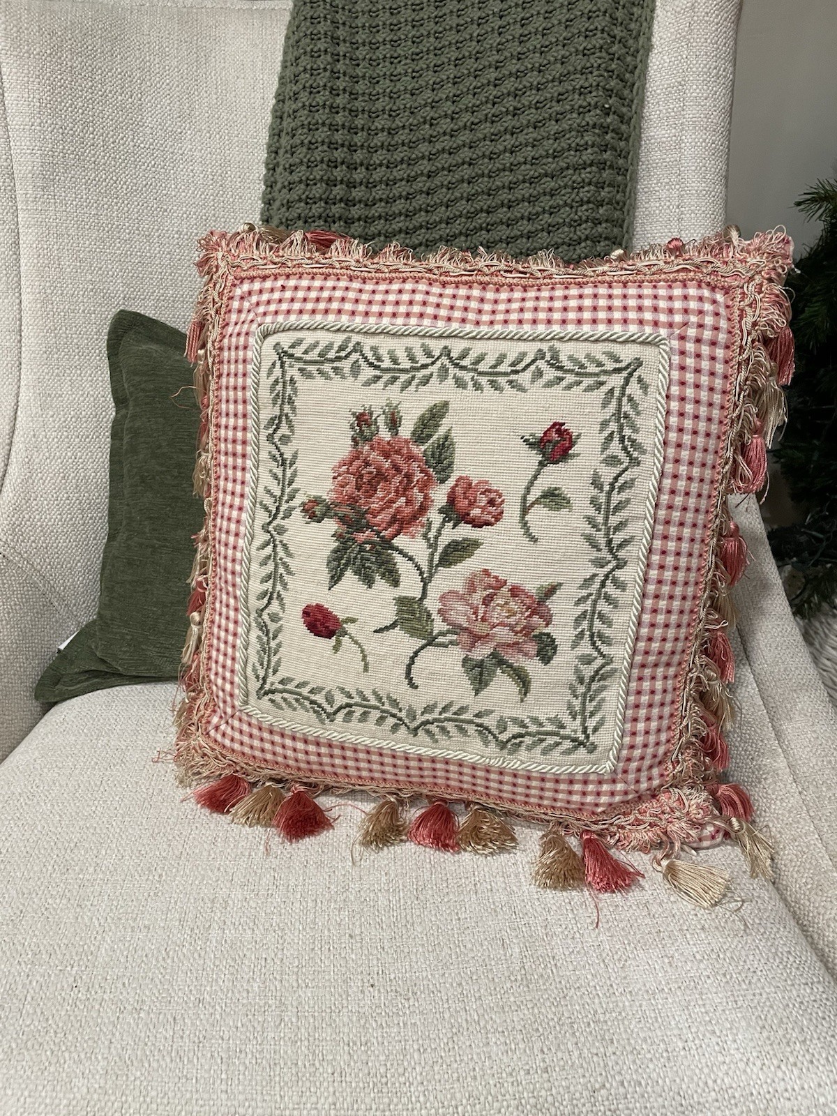 Needlepoint Pillow Red Pink Roses, Tassels, C&F Home, 16” By 16”, Shabby Chic gallery