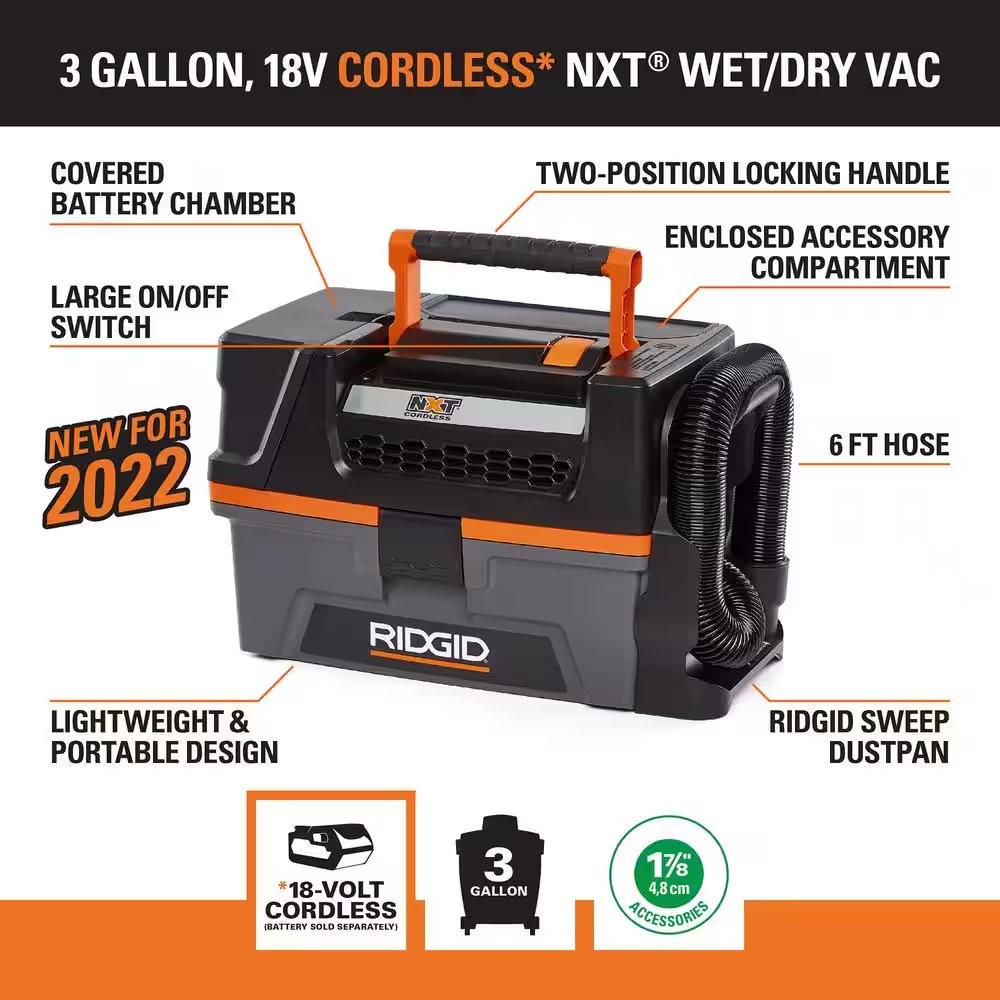 3 Gallon 18-Volt Cordless Handheld NXT Wet/Dry Shop Vacuum (Tool Only) with Filt gallery